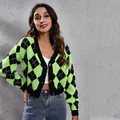 Front view of a model wearing a green and black argyle cropped knit cardigan with V-neck - S / Tops / Green & Black