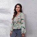 Elegant V-neck floral print blouse with lantern sleeves and cinched elastic waist for women. - S / Tops / Green Large Leaf