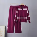 Two-piece purple knit loungewear set featuring striped polo sweater and wide-leg pants. - Top And Bottom (6806) / Burgundy / One Size