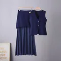 Elegante conjunto de dos piezas de chaleco de punto azul marino y falda plisada mujer - Talla única / Parte Superior e Inferior / Azul marino