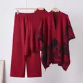 Ensemble élégant 3 pièces en tricot rouge avec pull, pantalon large et châle - Taille unique / Ensemble / Rouge