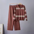 Macro view of the reddish-brown knit set featuring elegant white stripes and polo collar - Top And Bottom (6806) / Coffee / One Size