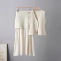 Detailed shot of cream knitted vest and pleated midi skirt set on hangers. - One Size / Top And Bottom / Apricot