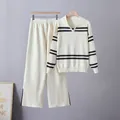 Detailed shot of women's white striped knit sweater and matching pants set. - Top And Bottom (6806) / Apricot / One Size