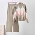 Elegant two-piece knit set featuring argyle pattern sweater and wide-leg trousers - One Size / Top And Bottom / Gray