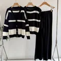 Elegant three-piece striped knit set including cardigan, vest and wide-leg pants - One Size / Set / Black