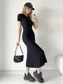 Elegant slim fit black ribbed knit polo dress with short sleeves and button front detailing - S / Dresses / Black