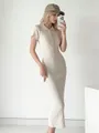 Full view of the slim fit cream polo neck short sleeve ribbed knit dress on model - S / Dresses / Apricot