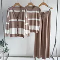 Striped knit three-piece set with cardigan vest and wide-leg pants in mocha white - One Size / Set / Khaki