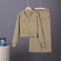 French style knit set featuring a lapel cardigan with gold buttons and a matching skirt. - One Size / Camel
