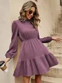 Detail of purple half-turtleneck pleated dress with puff sleeves and ruffled hemline - S / Dresses / Purple