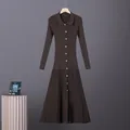 Full view of elegant dark brown ribbed knitted midi dress with POLO collar and gold buttons - S / Dresses / Brown