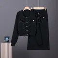 Elegant French style black knit cardigan and midi skirt two-piece set for women - One Size / Black
