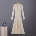Elegant cream long sleeve knit dress with polo collar and front buttons on hanger - S / Dresses / Apricot