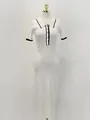 Detailed view of white knitted midi dress featuring black contrast trim and button front - S / Dresses / Off White