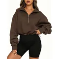 Detailed view of women's brown half-zip cropped sweatshirt with drawstring waist detail - S / Tops / Brown