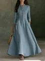 Full length view of elegant dusty blue linen maxi dress with stand collar and long sleeves - S / Dresses / Blue