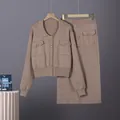 Elegant French style knit lapel cardigan and midi skirt two-piece set in camel - One Size / Camel