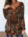Women's long sleeve top with vintage brown paisley print and V-neck button detail - XL / Tops / Dark Brown