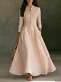 Detail of elegant French vintage linen maxi dress with mandarin collar and full skirt - S / Dresses / Pink