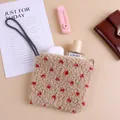 Stylish sherpa wool mini pouch bag with red polka dots and wrist strap for women use - 15 x 14cm / Beige Floral