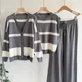 Grey and white striped knit three-piece set with cardigan vest and wide-leg pants - One Size / Set / Gray