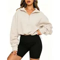 Stylish women's cream half-zip cropped sweatshirt featuring an adjustable drawstring waist - S / Tops / White