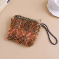 Winter ethnic patterned fuzzy lamb wool small pouch with a convenient grey wrist strap - 15 x 14cm / Dark Orange Fair Isle