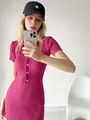 Chic magenta ribbed knit polo dress featuring short sleeves and slim fit silhouette - S / Dresses / Rose Red