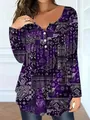 Detail of a women's purple paisley long-sleeved top with V-neck and button accents - Purple