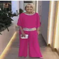Fuchsiafarbenes Set mit Pailletten-Rundhalsausschnitt und weitem Bein für Damen - Fuchsia