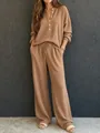 Cozy brown waffle knit lounge set with Henley top and wide leg drawstring pants - Khaki