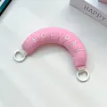 Cute pink padded fabric bag handle with white Holiday embroidery and round rings - Pink Handheld