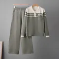 Detailed view of the grey-green striped knit sweater set with matching wide-leg pants - One Size / Top And Bottom (6635) / Green