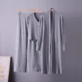 Grey ribbed knit 3-piece set featuring a long cardigan, button vest, and wide-leg pants - One Size / Top And Bottom / Gray