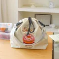 Portable cream drawstring lunch bag with cute cartoon donut embroidery and shoulder strap - One Size / Beige Donut