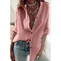 Chemise en coton rose à col en V avec boutons et manches longues retroussables - Rose