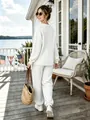 Casual white cable-knit two-piece set with long sleeve top and jogger pants for women - White