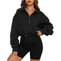 Trendy black half-zip cropped sweatshirt with adjustable drawstring waist for women - S / Tops / Black
