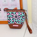 Mini portable wristlet pouch with mint green leopard print and cute Siamese cat design - Pink Leopard Cat Head