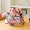 Japanese style pink drawstring bag featuring cute dog embroidery and a gray strap - One Size / Pink Shiba Inu