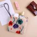 Minimalist plush lamb wool small pouch with colorful floral patterns and grey strap - 15 x 14cm / Beige Daisy