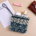 Blue and grey patterned plush lamb wool small pouch with zipper and carrying strap - 15 x 14cm / Cyan Ethnic Stripes