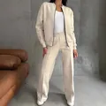 Ensemble sweat-shirt 2 pièces beige avec cardigan zippé et pantalon large assorti - S / Haut Et Bas / Abricot