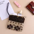 Winter soft brown checkered lambswool plush pouch bag with convenient wristlet - 15 x 14cm / Brown Diamond Pattern