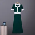 Vintage French style dark green knit polo dress with white contrast collar and gold buttons. - S / Dresses / Dark Green