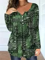 Detailed front view of women's green paisley print v-neck long sleeve top with buttons - Green