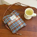 Cozy winter plaid wool crossbody bag in blue and brown with adjustable rope strap. - Plaid / Blue Brown Plaid