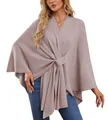 Vue détaillée d'un élégant poncho en maille mauve avec un design de nœud torsadé à l'avant. - Taille unique / Hauts / Mauve (DB86)