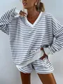 Comfy women's grey and white striped V-neck sweatshirt and matching shorts two-piece set - S / Top And Bottom / Light Gray